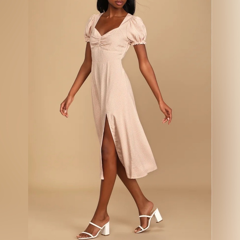 Lulus Spot Me Blush Polka Dot Short Sleeve Midi Dress- Size XS